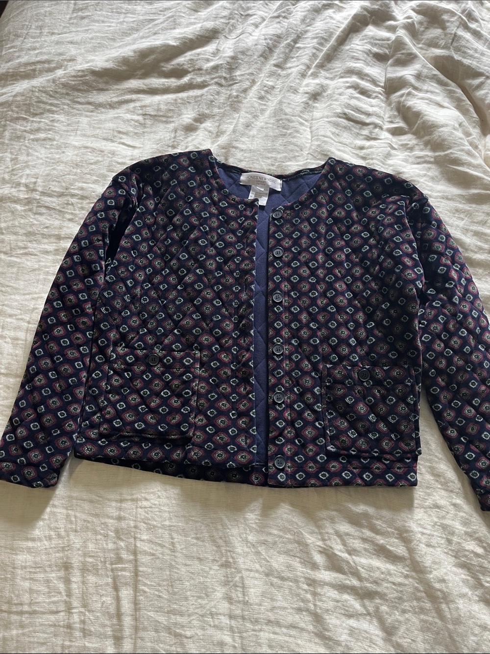 Jones New York Navy Quilted Jacket with Purple and Green Pattern